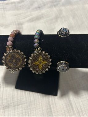 Keep it Gypsy set of 2 Upcycled LV bracelt & no brand gold rainbow druzy cuff